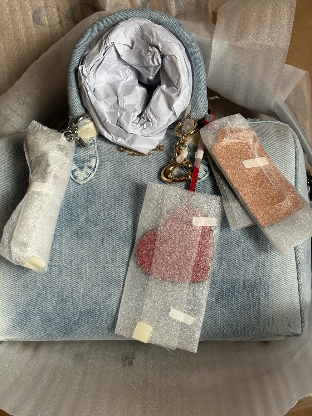 Light Blue Denim Satchel Handbag with Heart Charm